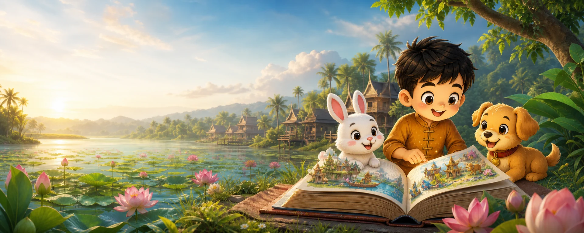 Kdeub Nitean story world beside a Cambodian lotus lake